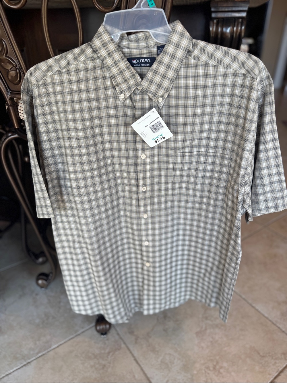 Puritan Men's Short Sleeve Button-Down Plaid Shirt in Gray and White